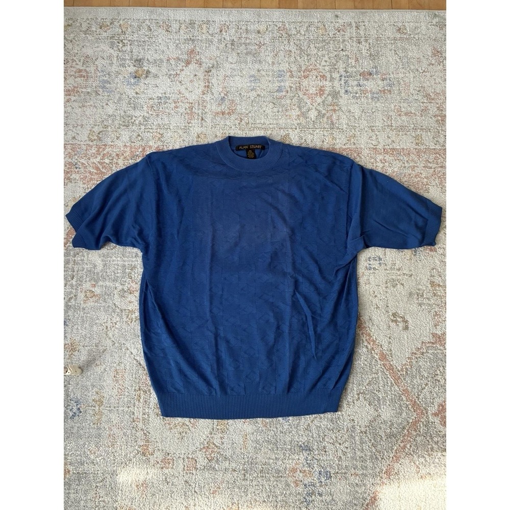 Vintage 90s Alan Stuart Knit Shirt Blue Short Sleeve Banded Hem Grandpacore XXL